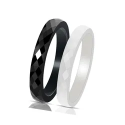3mm Thin White/Black Faceted Ceramic Ring Wedding Band for Women Men Size 4-12