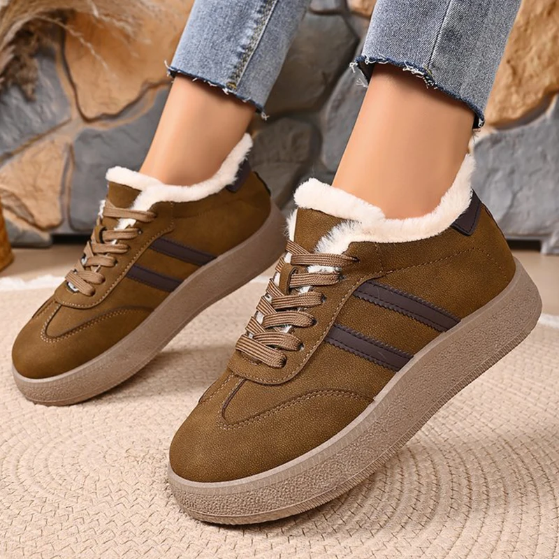 Winter Warm Fleece Lined Sneakers Women All Match Mix Color Striped Vulcanize Shoes Woman Lace Up Thick Sole Cotton Padded Shoes