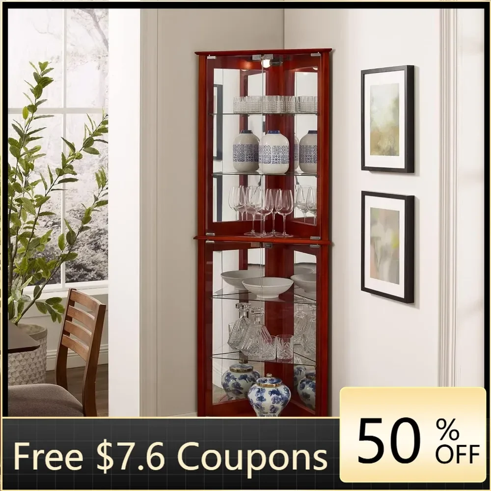 Corner Display Cabinet with Doors, 6 Tiers Cabinet with Adjustable Tempered Glass Shelves and Mirrored Back Panel,Glass Cabinet