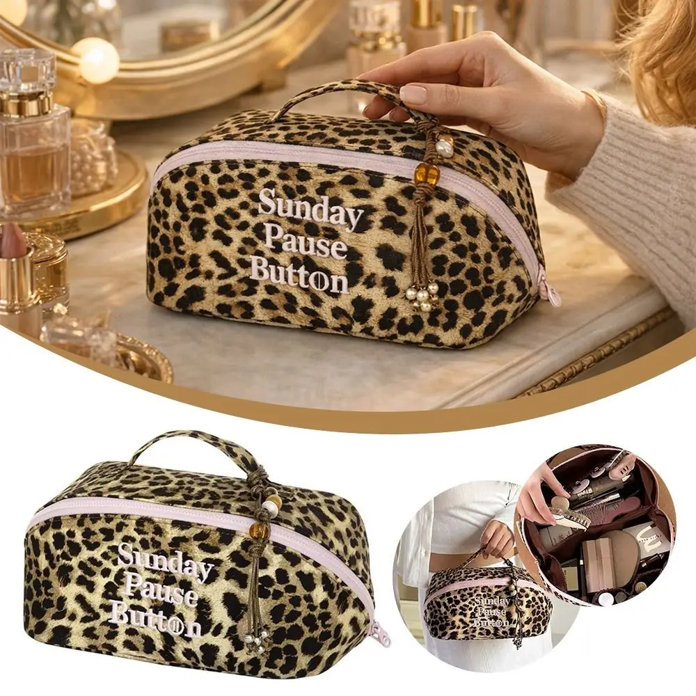 Fashion Vintage Leopard Tote Bag Large Capacity Zipper Design Storage Box Handheld Makeup Bag Toiletry Organization