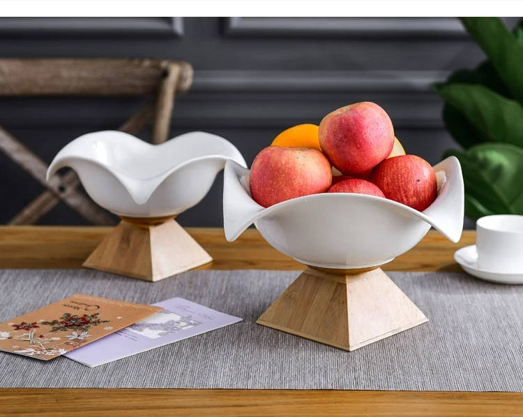 European Art Ceramic Fruit Bowl Salad Modern Minimalisthome Desktop Snack Dessert Nut Storage Basket Bamboo Wood Base