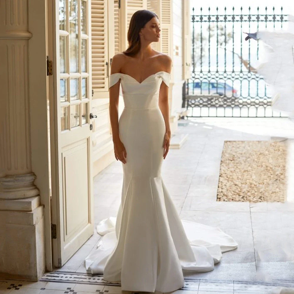 Elegant Wedding Dresses V-Neck Dropped Sleeves Classic Mermaid Satin Tie Back Multi-Size Customizable Bridal Marry Gowns