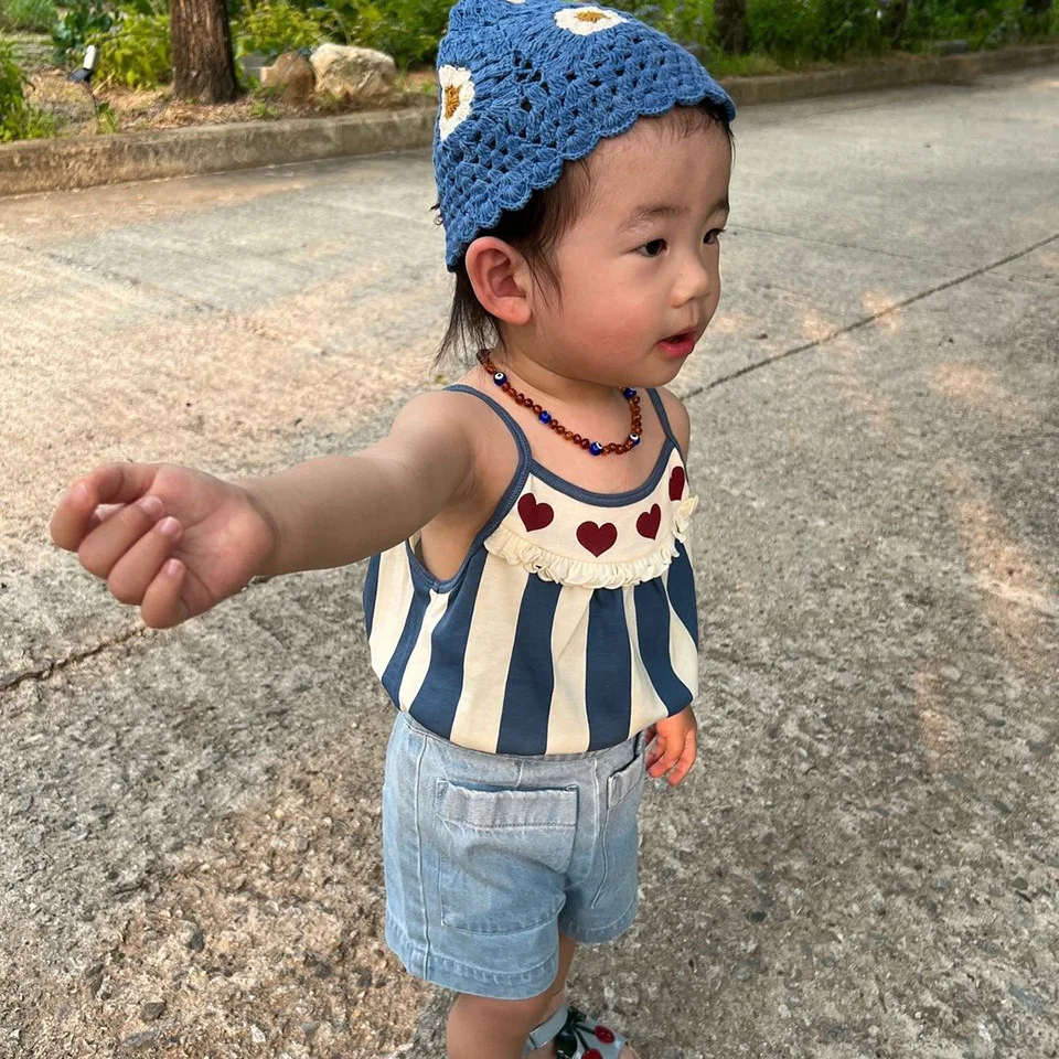 2024 KS Baby Girls Blue Striped Sling Dresses Kids Clothes Girls Cotton Camisole T Shirt + Shorts Suits Children\'s Outfit Sets