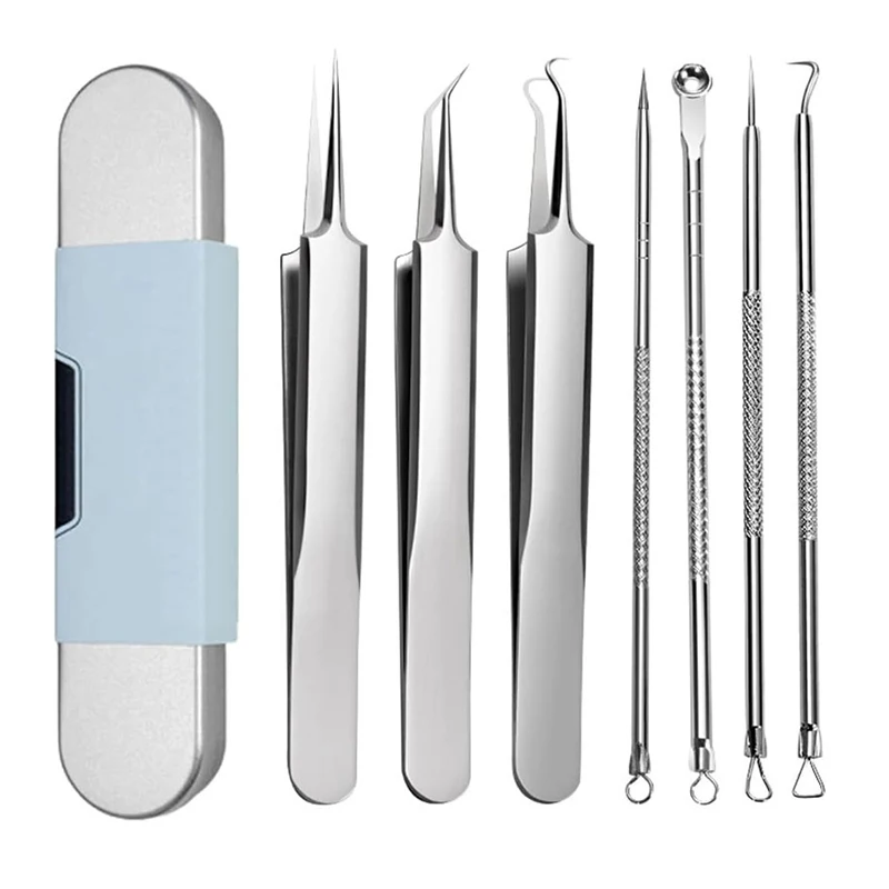 7 Stuks Comedondrukker Tool Kit Rvs Comedonen Extractor Puistje Acne Clip Removal Kit Neus Gezicht Pincet Gereedschap