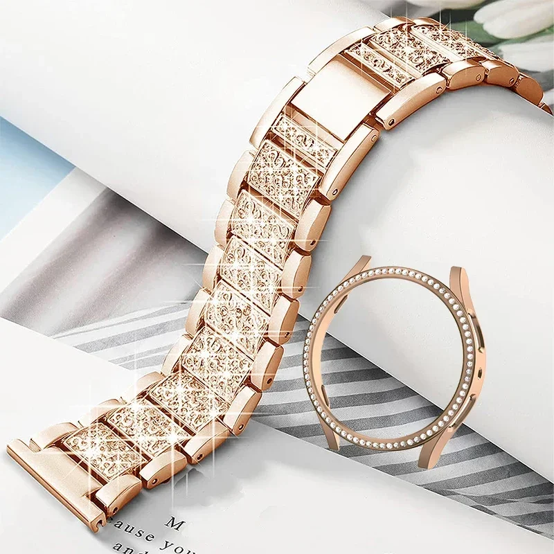 Cinturino in metallo + custodia per Samsung Galaxy Watch4 5 6 7 40mm 44mm Band Donna Bracciale con diamanti in acciaio inossidabile e accessori per paraurti