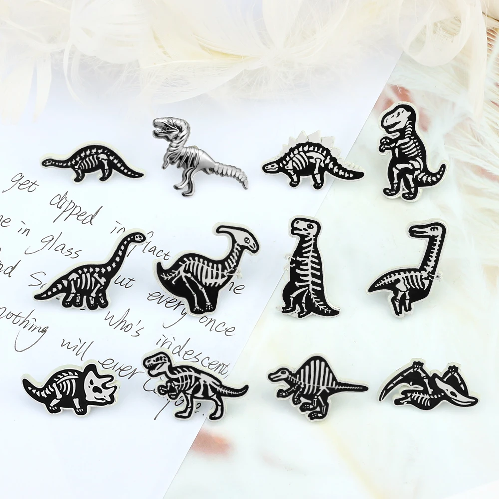 Punk Dinosaur Skeleton Brooch Jurassic Tyrannosaurus Pterosauria Enamel Pins for Kids Cretaceous Giant Animal Badge Jewelry Gift