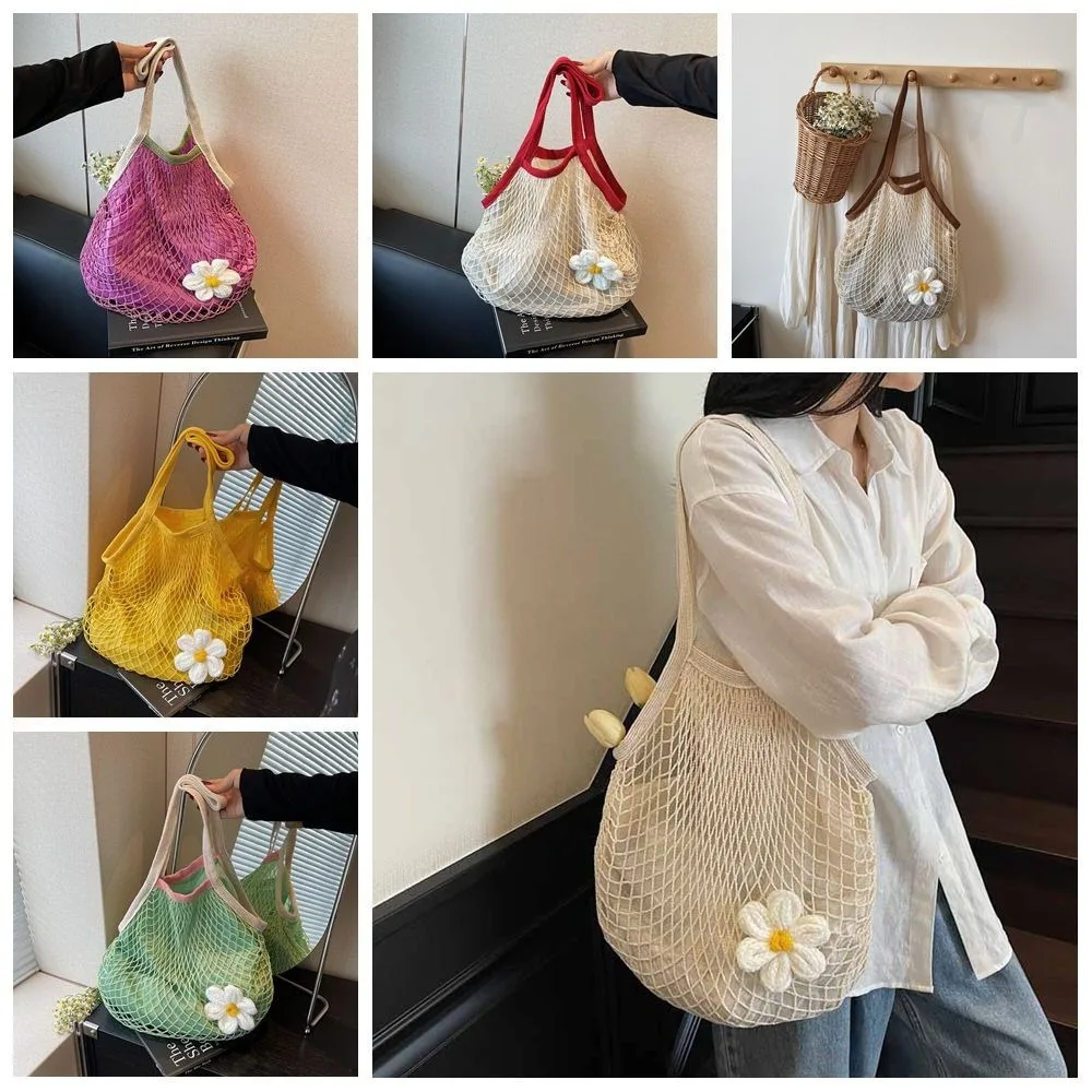 

Polyester Hollow Woven Shoulder Bag Large Capacity Pockets Flower Mesh Handbags Korean Style Edge Covering