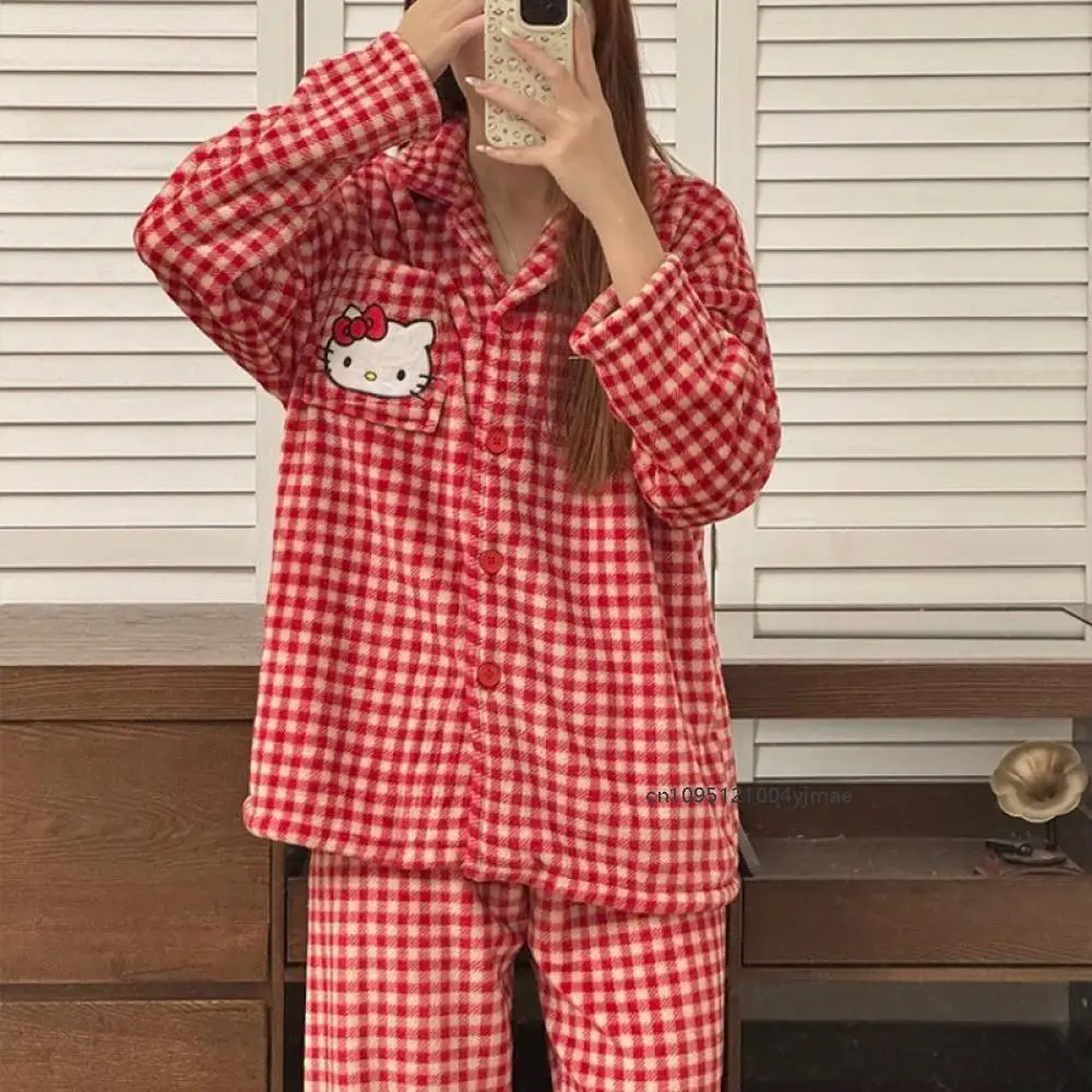 

New Anime Sanrio Women's Pajamas Hello Kitty Kawaii Cartoon Loose Sleepwear Lapel Warm Pajamas Sets Clothes Girl Birthday Gifts