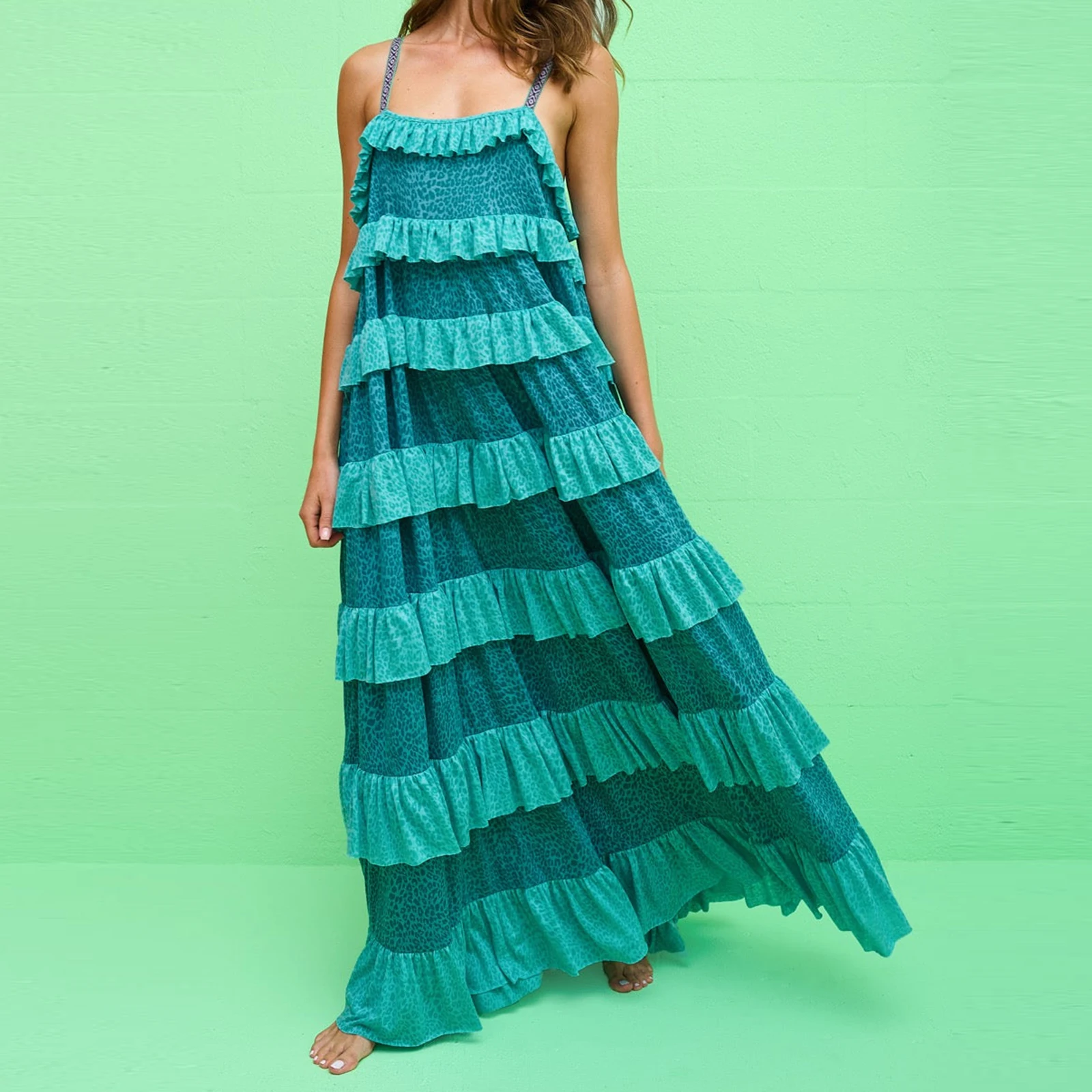 ผู้หญิง Contrast ชั้นยาว Cami ชุดลําลองหลวม Scoop คอสปาเก็ตตี้สายคล้องคอ Backless Tiered Ruffle Dress