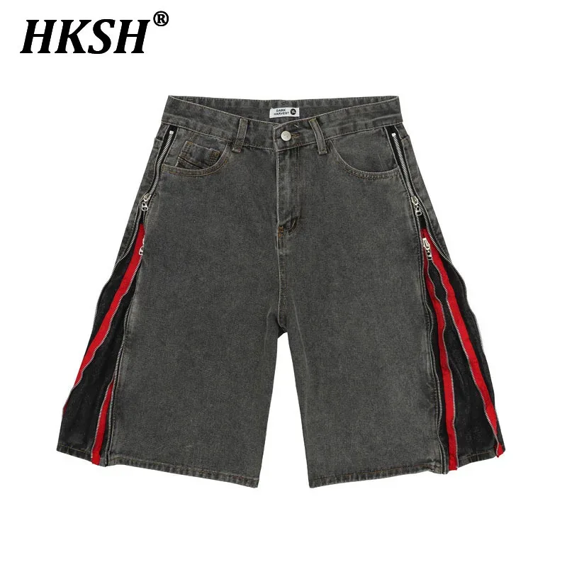 HKSH Summer New Vintage High Street Zipper Washed Denim Pants Tide Chic Shorts Men's Trendy Hip-hop Loose Cropped Capris HK1975