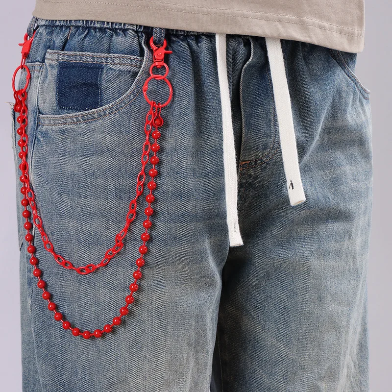 Bright Red Beaded Multi‑Layer Pants Chain Harajuku Punk Waist Chain Hip‑Hop Jeans Decor E‑girl Street Fashion Jewelry