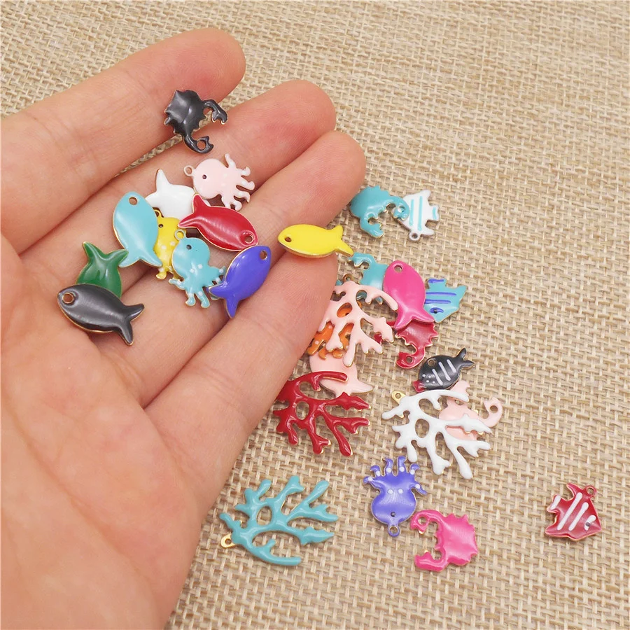 28PCS Enamel Marine Charms Copper Animal Mixed Tiny Fish Octopus Coral Crab Pendant Handmade Necklace Bracelet Jewelry Accessory