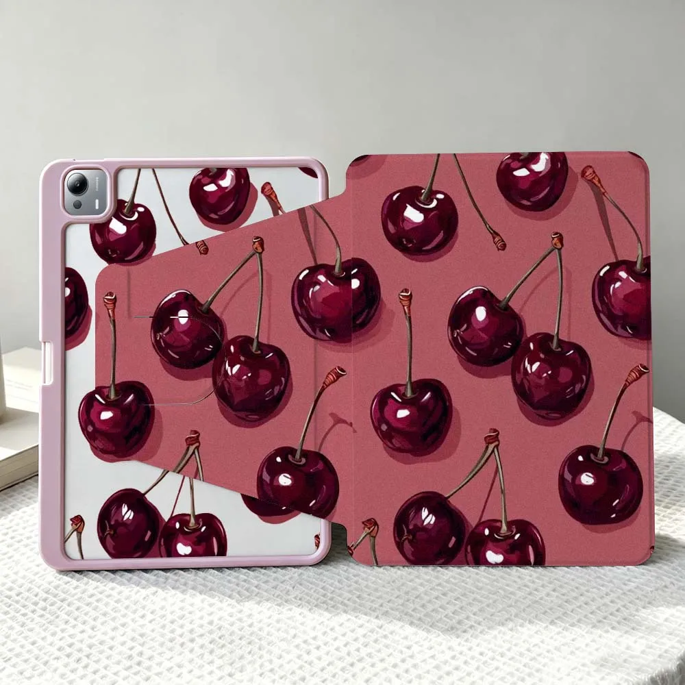 Luxury Red Cherry Pattern For Xiaomi Mi Redmi Poco Pad 8 7 7S 6 6S 5 SE Pro Ultra 360° Rotation Stylus Storage Tablet Case Soft