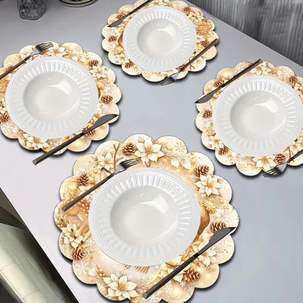 Cute Golden Snowman Reindeer Christmas Placemats Poinsettia Pinecone Snowflakes Dining Table Mats For Christmas Party Decoration