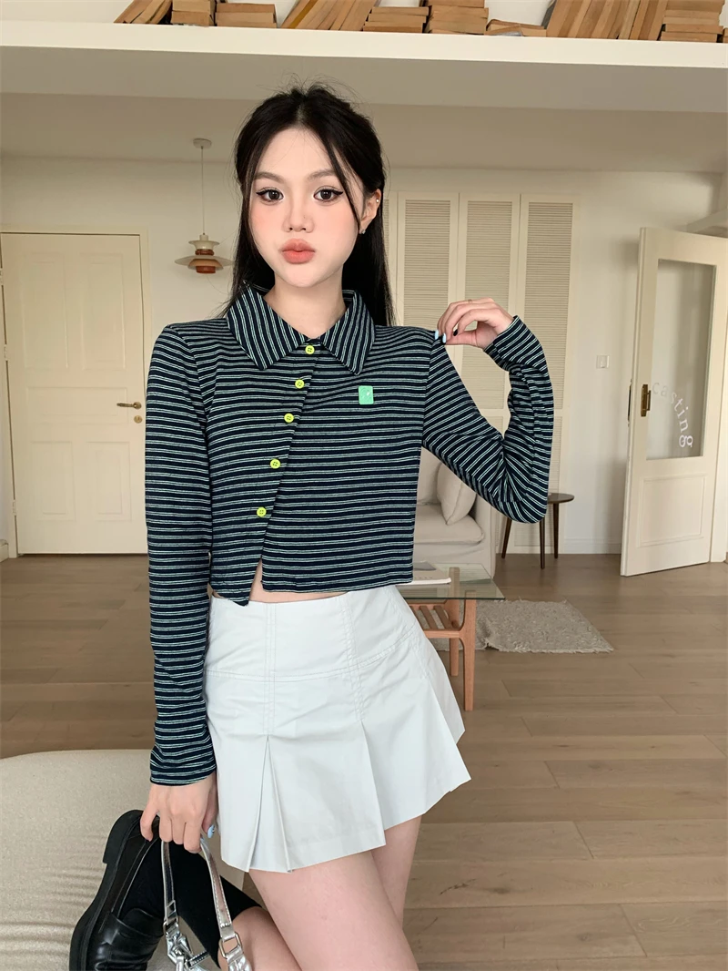 MiiiiX Korean Style Contrast Striped Long Sleeve T-shirt Women's Polo Shirt Autumn Slim Versatile Short Cardigan Casual Crop Top