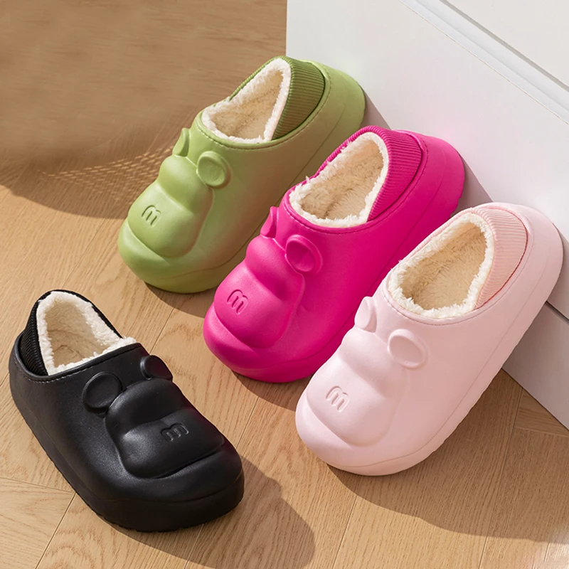 Waterproof Cute Candy Color Bear Women'S Slippers Winter Plush Warm House Slippers Women Thick Sole Slip On Cotton Shoes Woman