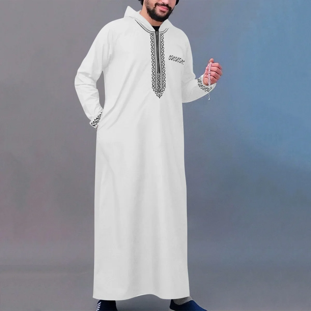 Men Dubai Morocco Ramadan Pockets Loose Hooded Long Robe Gown Embroidery Spliced Muslim Abaya Traditional Chinese Arab Robe Male