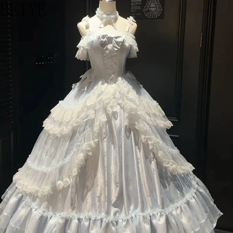 Blue Flower Marriage Lolita Evening Dresses Women's Art Exam Annual Meeting Student Day Dress Female Wedding Princess Dress