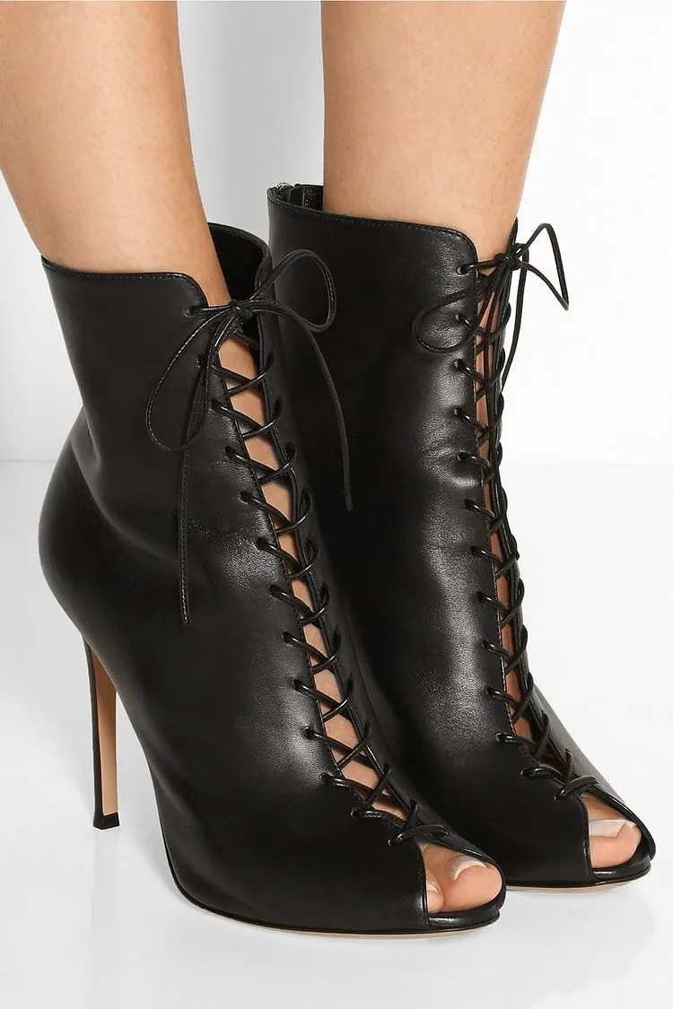 Bling Rhinestone Peep Toe Fur Ankle Summer Women Sandals Boots Stiletto High Heels Lace Up Design Large Size Fashion Shoes