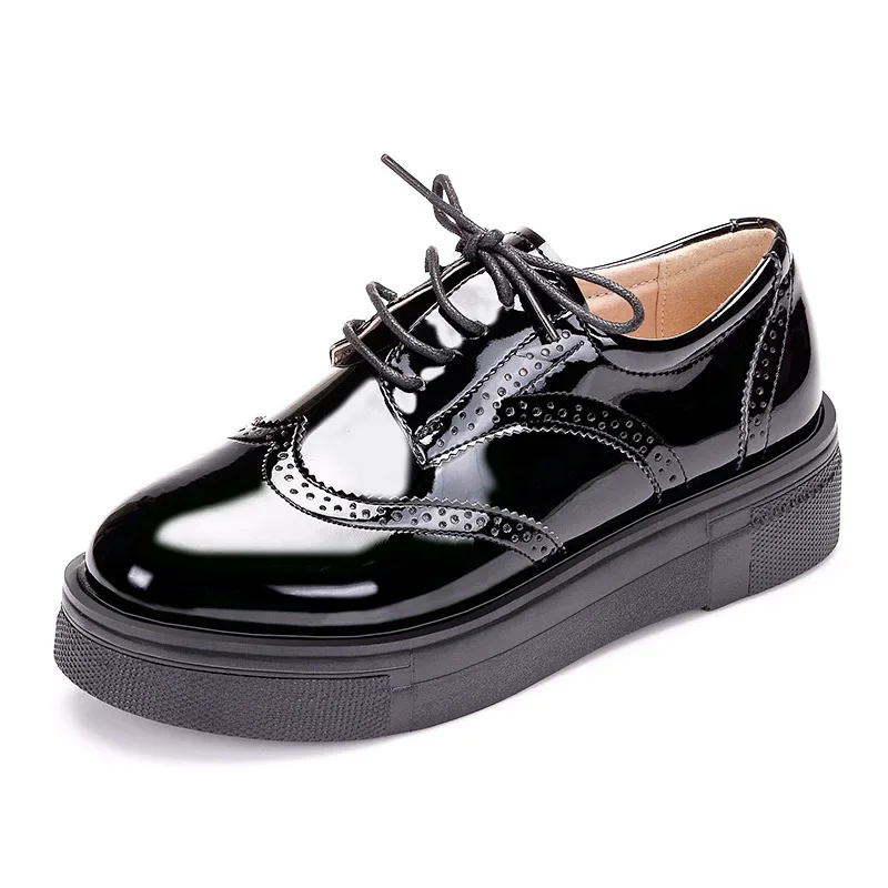 Vintatage Small Size 33-43 Shallow Brogues Oxford Shoes Women Platform Flats 2024 Thick Bottom Patent Leather Shoes Office Mom