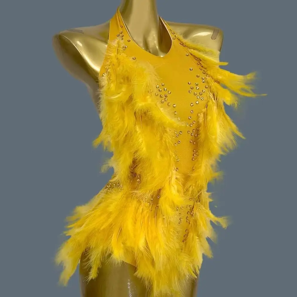คลาสสิก Rhinestone Feather Spandex ชุดบอดี้สูทยืดหยุ่น Showgirl STAGE สวมใส่เซ็กซี่ชุดบอดี้สูท Catsuit Liusuyumao