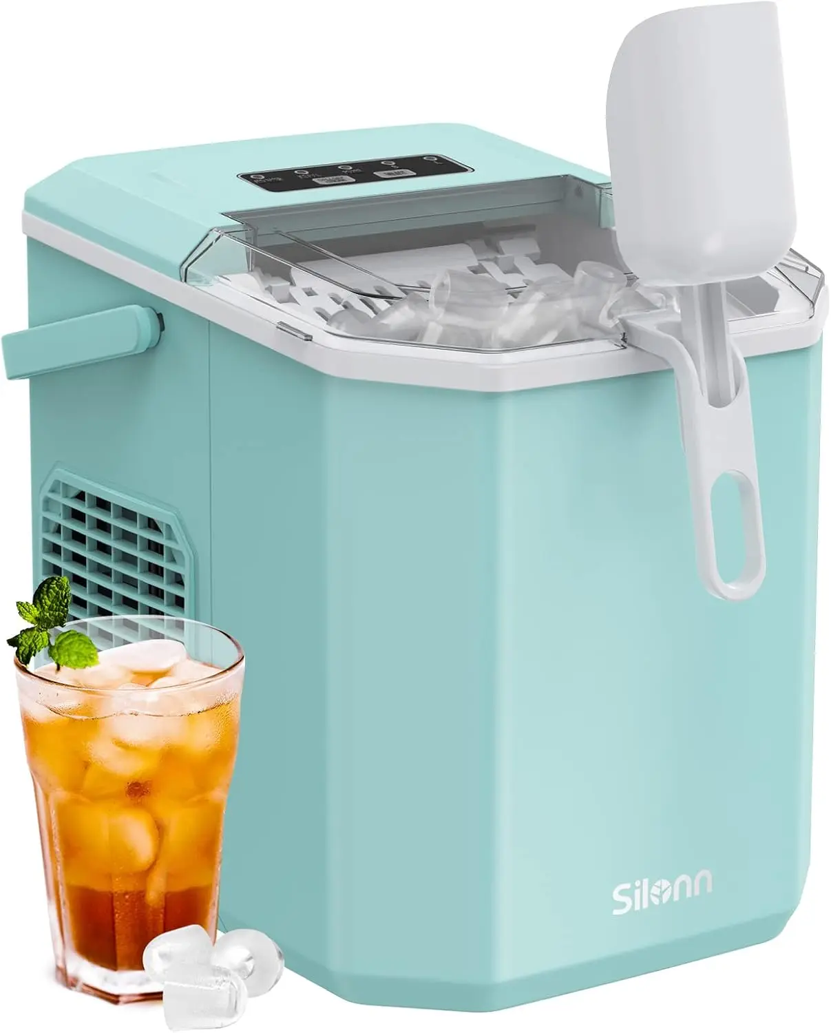 Silonn Ice Maker Countertop, Portable Ice Machine with Carry Handle, Self-Cleaning Ice Makers with Basket and Scoop,9 Cubes in 6