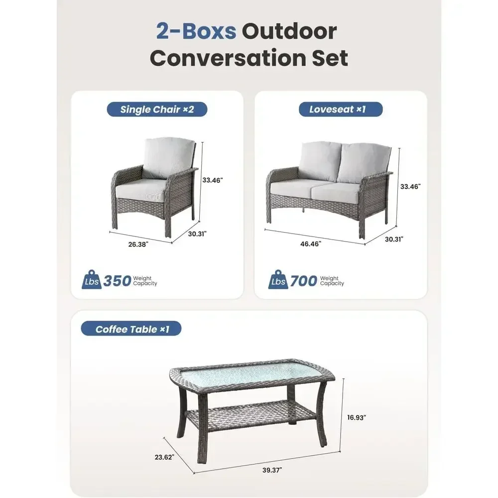 4-Piece Grey Outdoor Patio Wicker Furniture Set with Cushions and Coffee Table