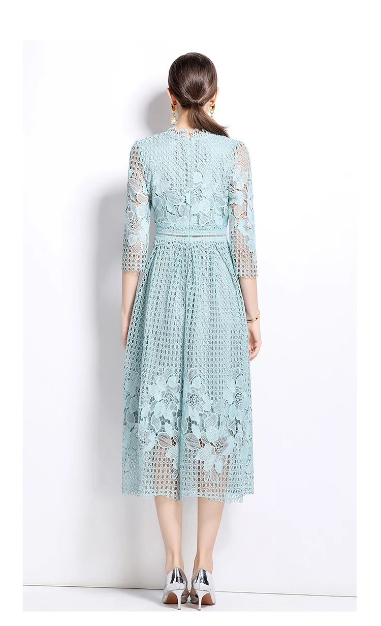 Women's Embroidery Lace Dress Short Sleeve Crochet Hollow out Midi Summer Formal Evening Gown for Birthday Party 2