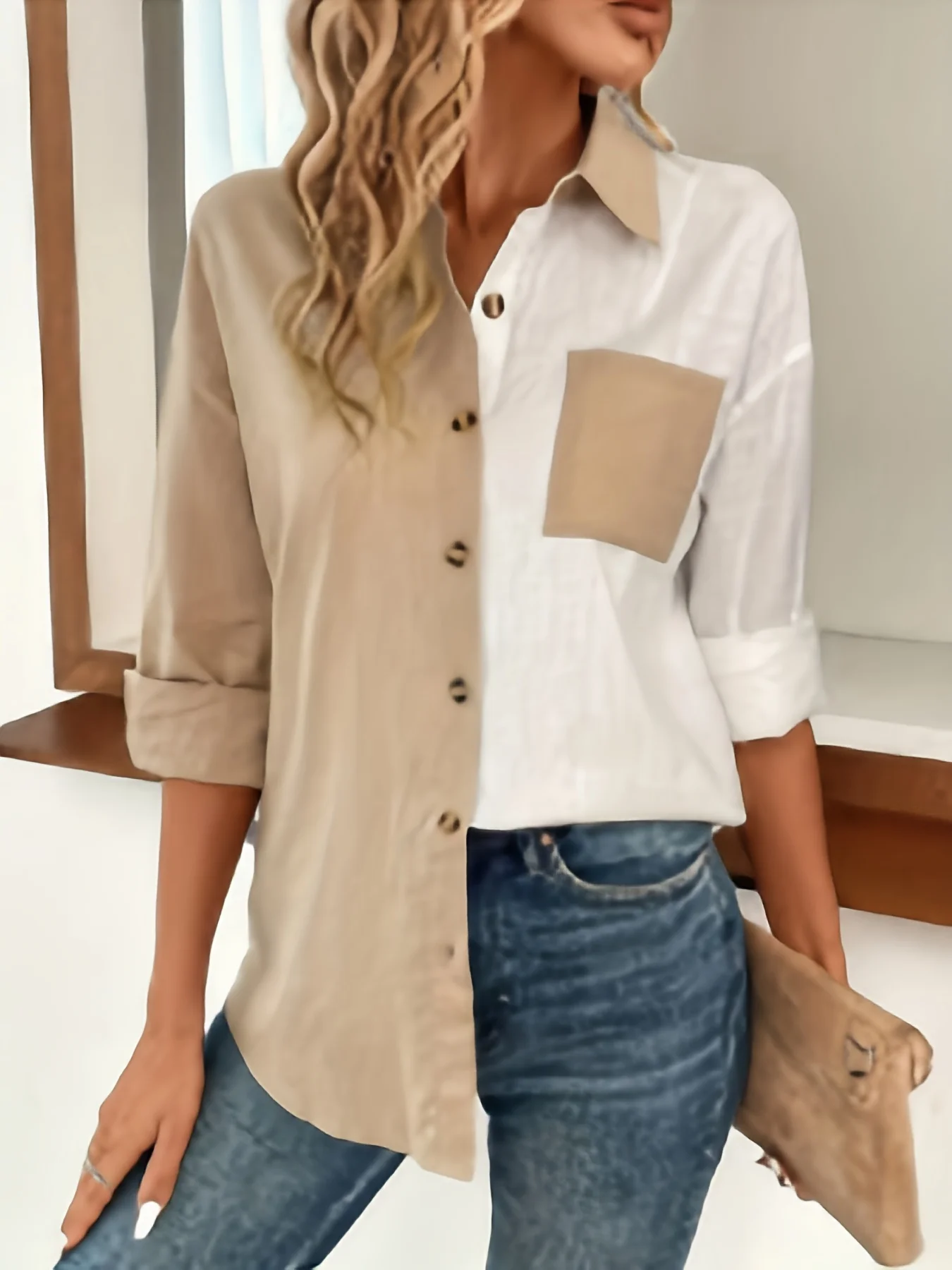 Plus Size Casual Blouse, Women\'s Plus Colorblock Long Sleeve Button Up Lapel Collar Shirt Top