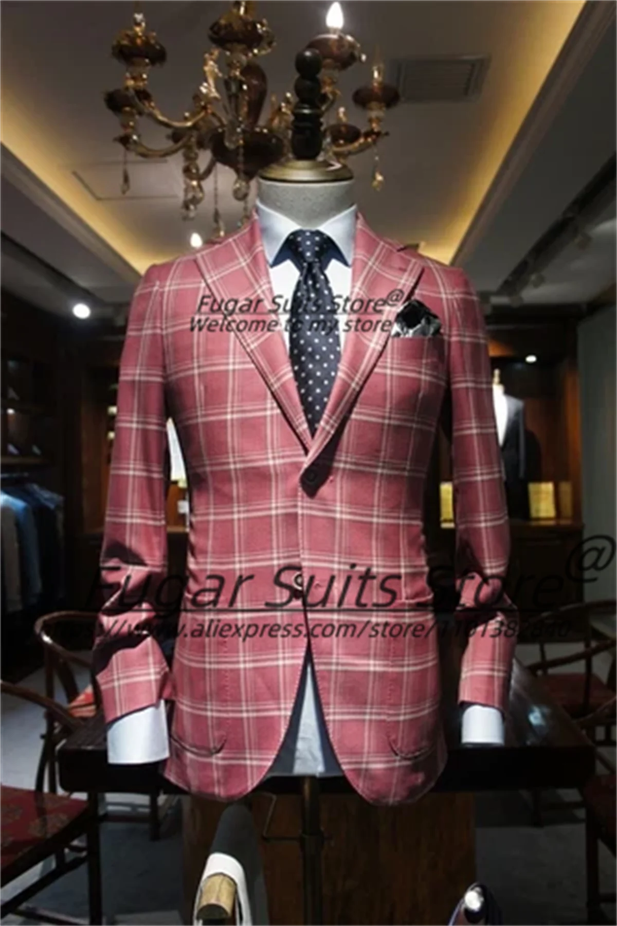 

Fashion Wine red Plaid Men Suits Customized Slim Fit Notched Lapel Groom Tuxedos 2 Pieces Sets Male Business Blazers Ropa Hombre
