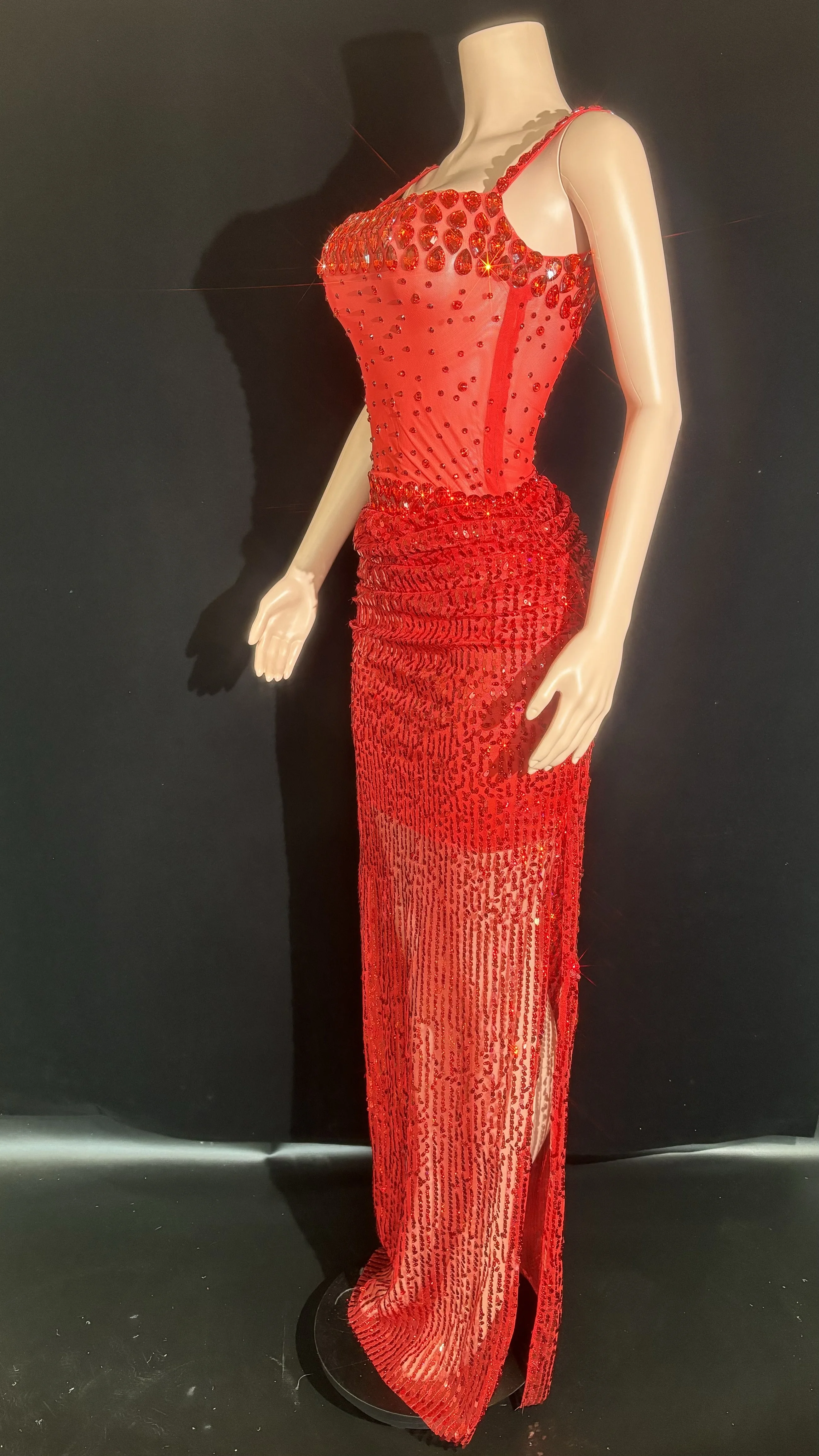 Sparkly Red Rhinestones 2-Pieces Sequins Long Dress Women Sexy Mesh See Through Celebrate Evening Prom Birthday Shoot Dress