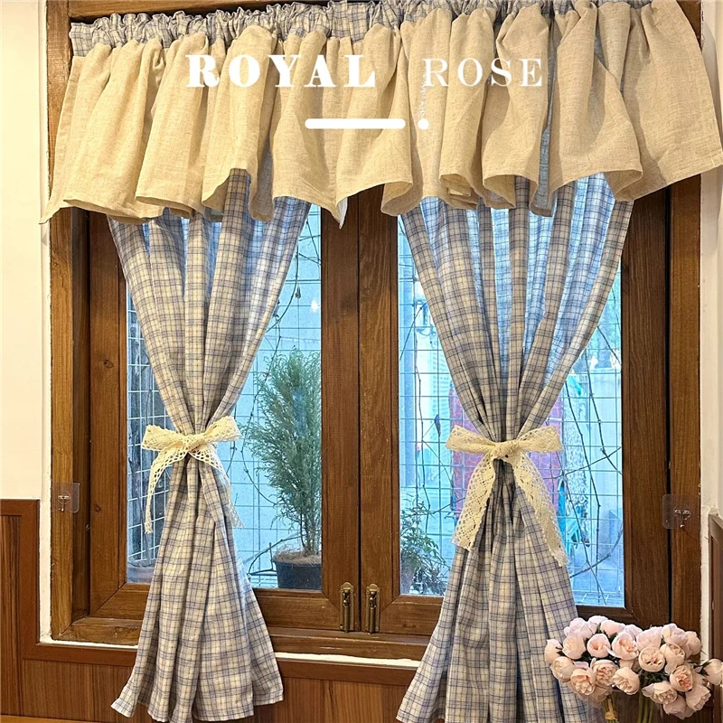 Vintage American-style Checkered Curtain Living Room Plaid Curtains for Kitchen Valance Curtains Balcony #A638