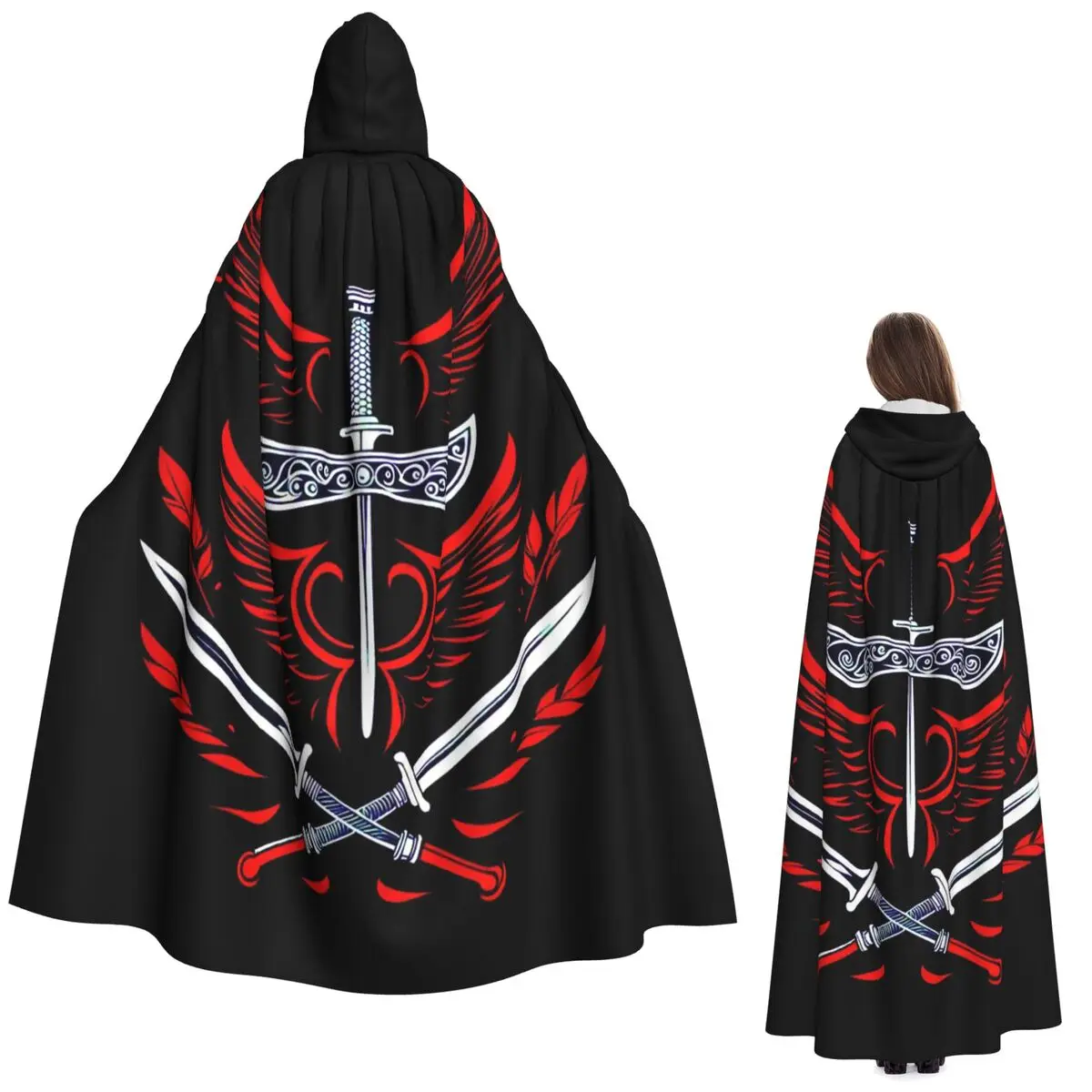 

Sword Wings Red Long Hooded Cloak Witch Medieval Costume Cosplay Cape HalloweenCoat Adult Unisex
