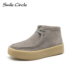 Smile Circle Wallabee Cup Cow Suede Leather Shoes Women Lace up Ankle Boots Thick Bottom Comfortable Flat Casual Sho