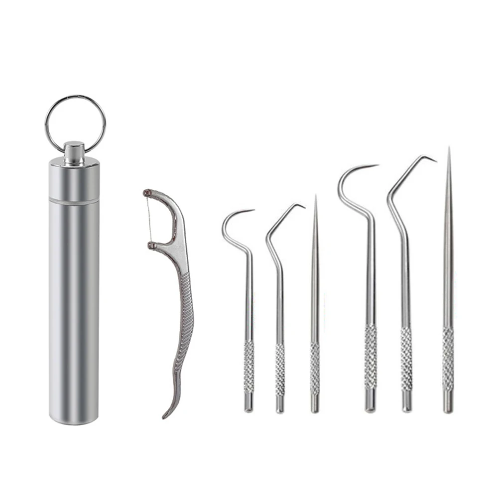 8pcs/set Toothpick Set Stainless Steel Oral Cleaning Tooth Flosser Portable Toothpick Floss Teeth Cleaner for Outdoor Camping