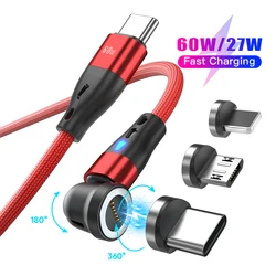 Kabel magnetyczny 3 w 1 PD 60W 7-pinowa ładowarka magnetyczna 540 Obróć szybkie ładowanie Kabel Micro USB typu C do iPhone Xiaomi Realme