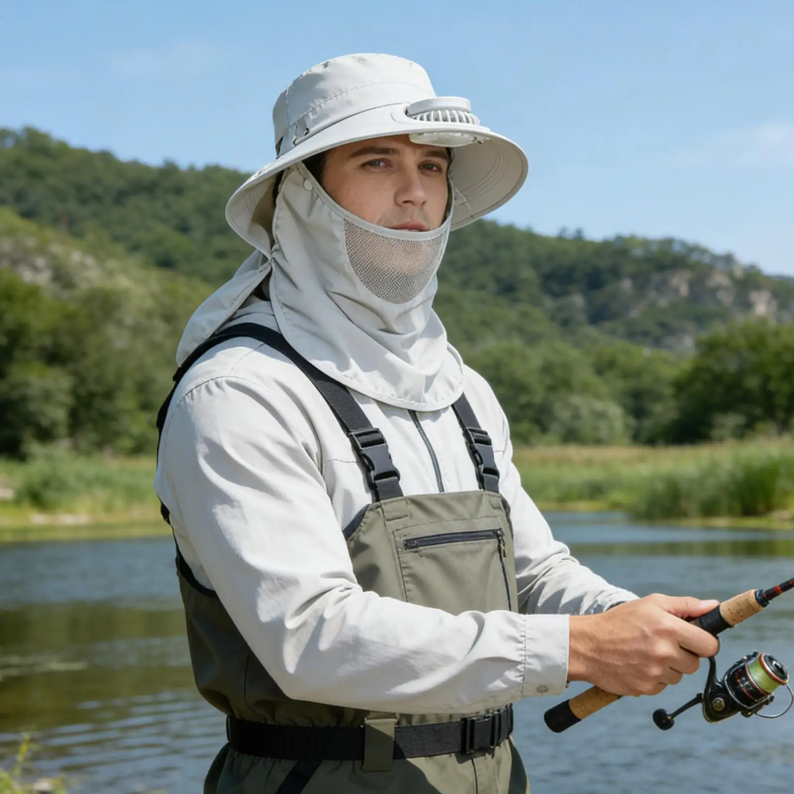 

Hat With Fans Solar Power Wide Brim Headwear Outdoor Fishing Hat With Face Guard Neck Flap For Outdoor Beach Picnic Camping