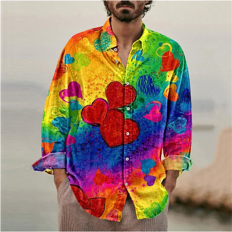 Shirt Heren Casual Outdoor Kleurrijke Liefde Graffiti Regenboog Rose Heren Shirt Knoop Lange Mouw Revers Plus Size Nieuwe Hot Sale