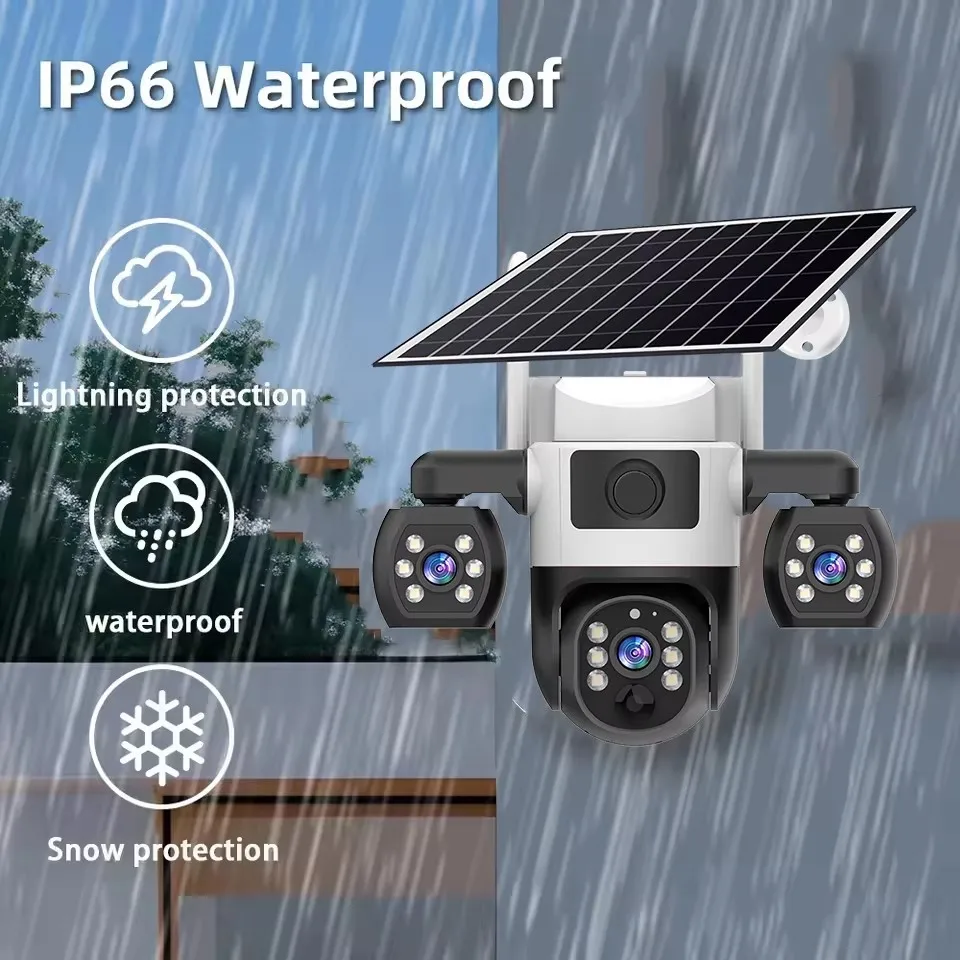V380 pro câmera solar 4g sim ao ar livre três lentes três telas pir humano detectar cctv bateria de segurança ptz ip camara fazenda pomar