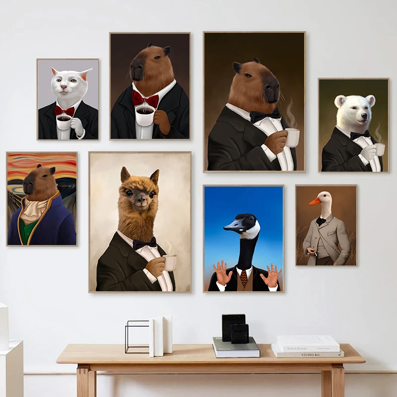 Funny Memes Capybara Duck Wear Buiness Suit Drink Coffee Posters Canvas Painting Animal Wall Art For Living Room Home Decoration