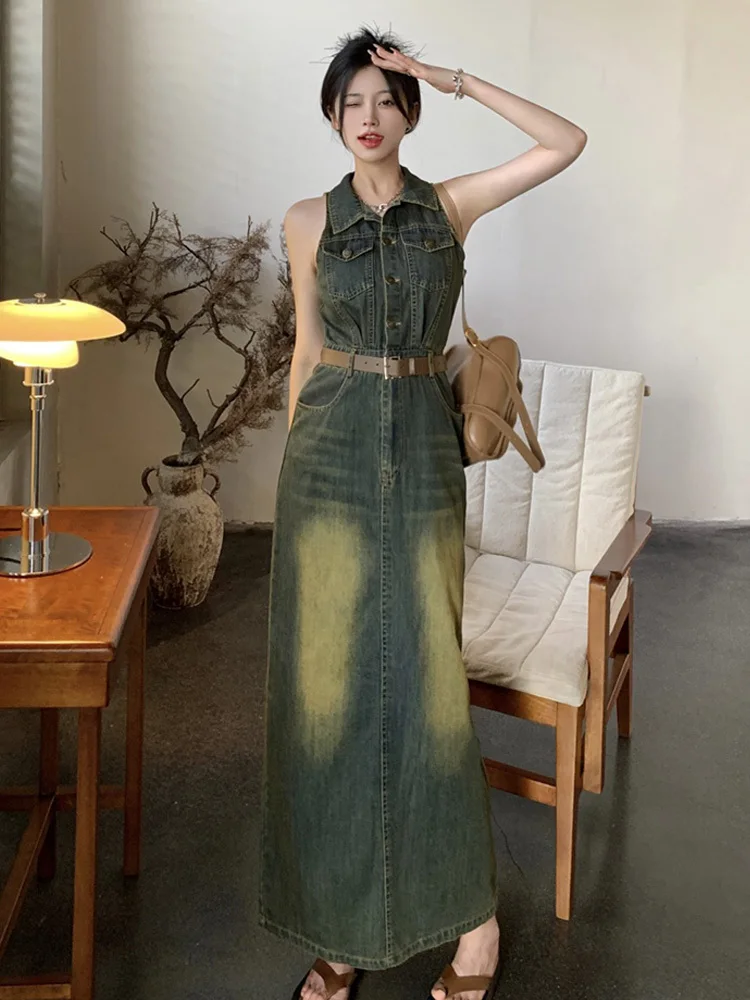 Vintage Backless Sleeveless Designer Denim Dress Women's Distressed Belt Slim Waist Streetwear Dresses 2023 Summer