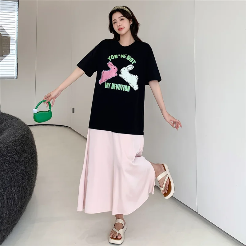 

2024 Summer Loose Plus Size Print Dresses Woman Patchwork Fake Two Piece Black T-Shirt Dress Casual Female Robe Clothing KE6720