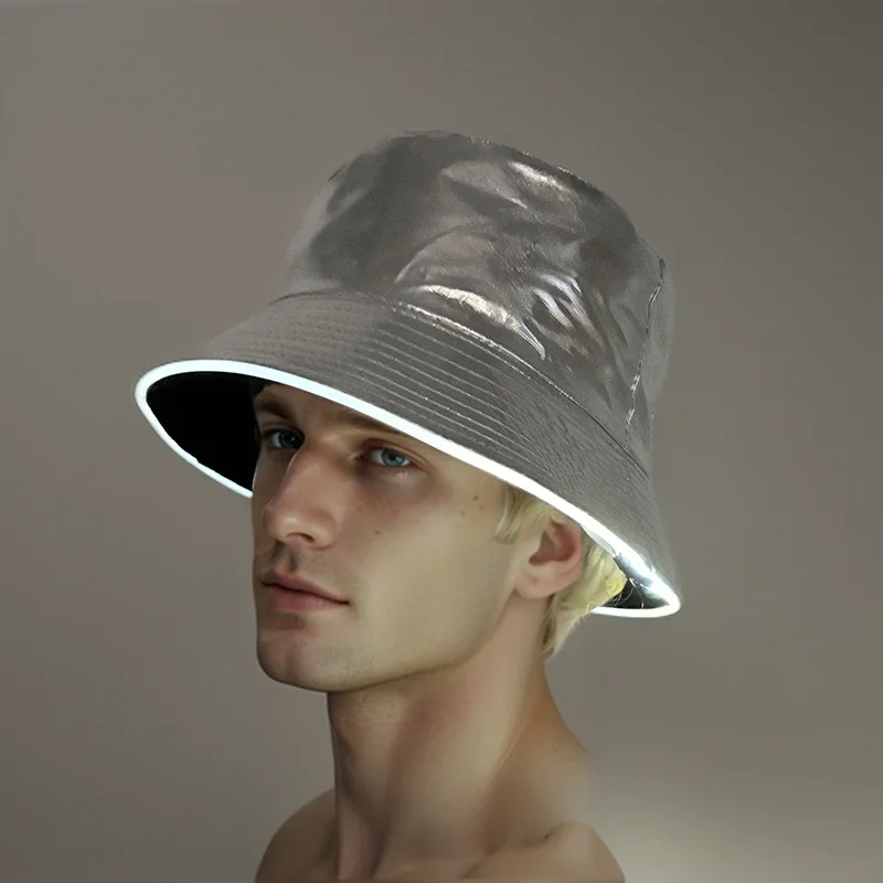 Unisex Personality Silver Patent Leather Bucket Hats Dance Party Luminous LED Fishermen Caps Outdoor Casual Cap Sunscreen Hat