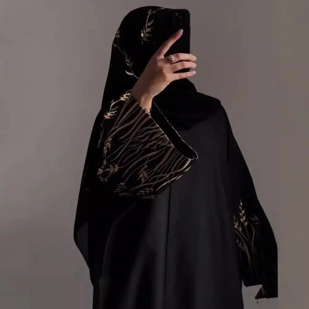 Arabian Women Open Abaya Flower Embroidered Long Sleeve Black Robe Festival Party Evening Dress Dubai Islamic Jilbab Kaftans