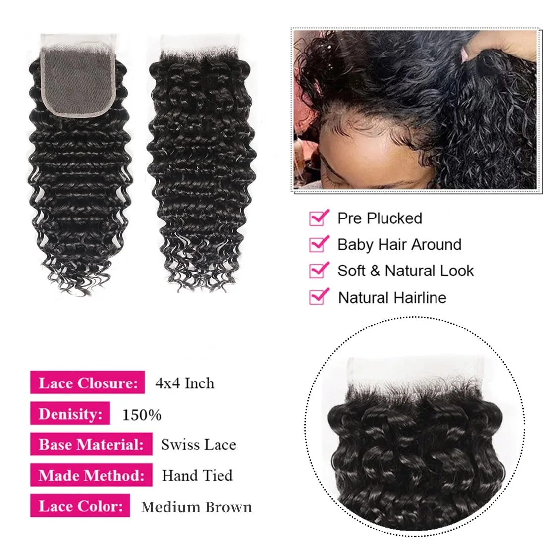 Fasci di capelli umani sciolti a onda profonda con chiusura trasparente 4x4 chiusura 13X4 tessuto frontale dei capelli umani Tissage 3/4 pacchi ricci