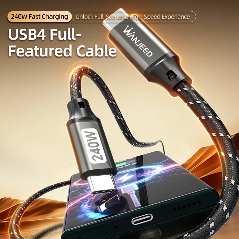Кабель WANJEED USB4 USB-C - Type-C, высокоскоростная передача данных 40 Гбит/с, быстрая зарядка 240 Вт 5А PD, вывод видео 8K@120 Гц, в оплетке