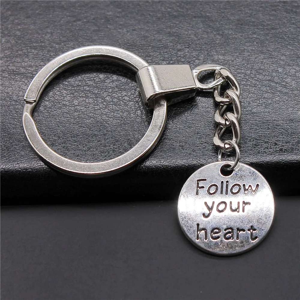 Women Men Keychain DIY Metal Holder Chain Antique Silver Color 20x20mm Follow Your Heart Pendant Keyring Gift