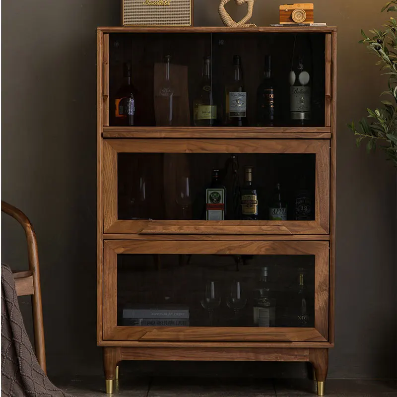 

All solid wood wine cabinet display cabinet, black walnut bucket cabinet, multi-functional storage tea , integrated wall