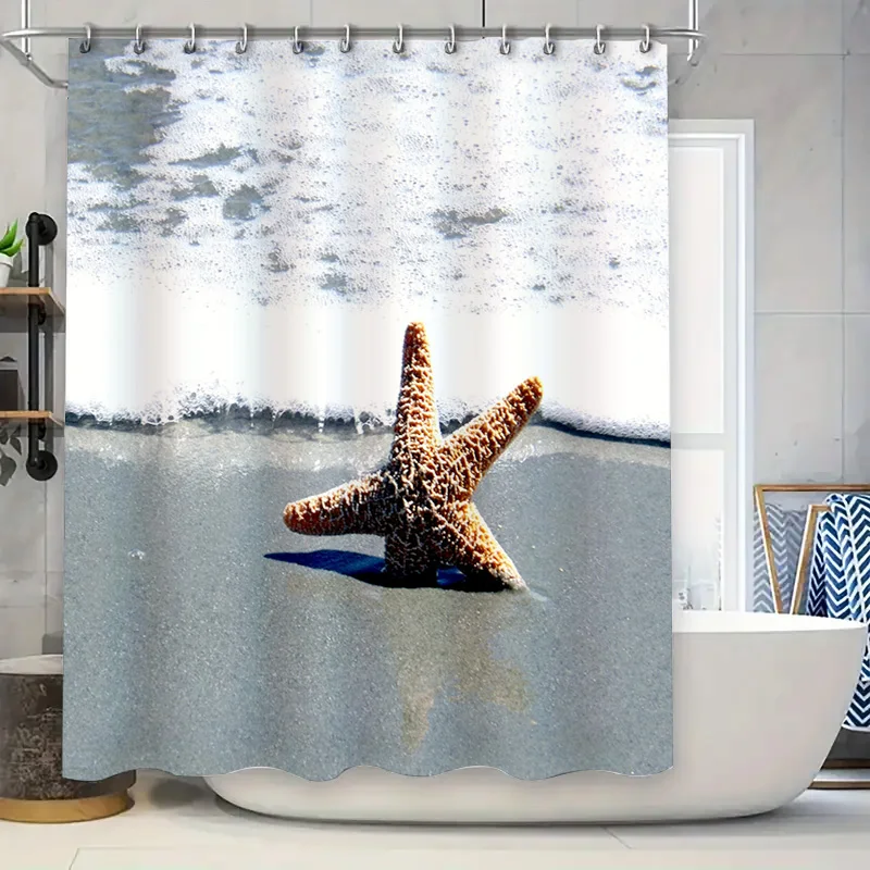 Beach Starfish Shower Curtain: Waterproof Fabric Decorative for Bathroom with Printed Blue Water Wave White Tub Caddy included (
