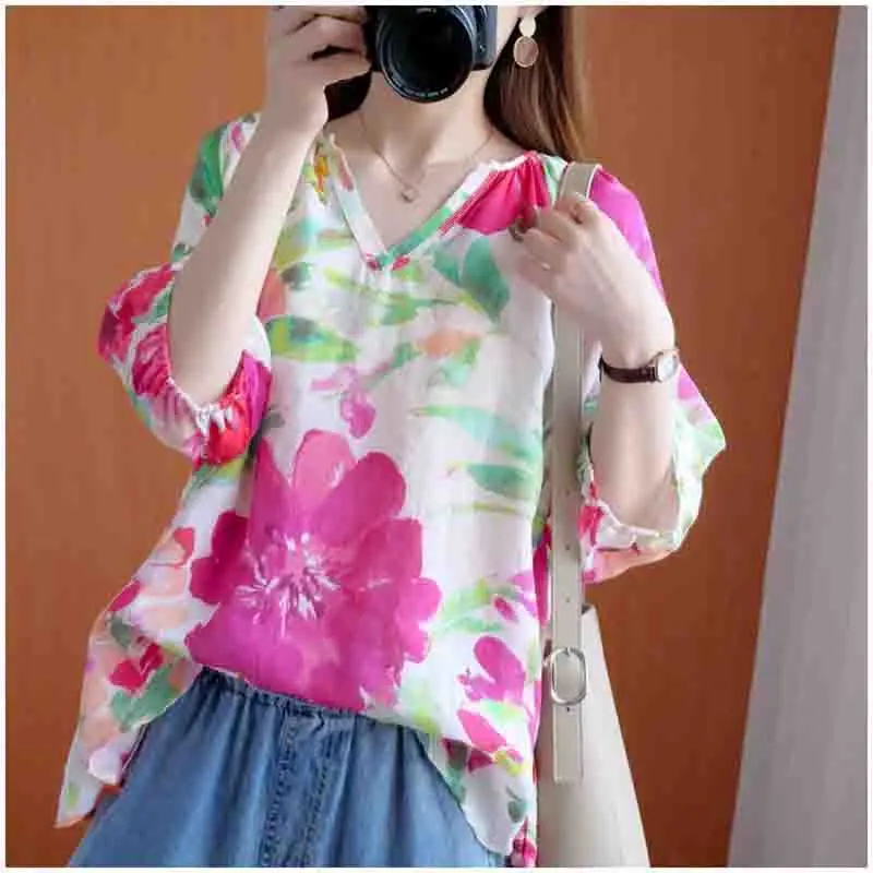 

Летний женский топ свободного кроя из смесового льна и хлопка, больших размеров, с защитой от солнца, удобный и дышащий.